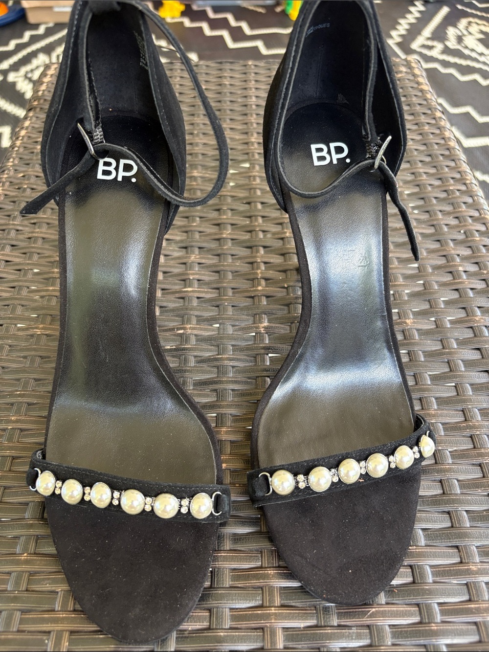 bp Black Pearl-Embellished Suede Ankle-Strap Heels